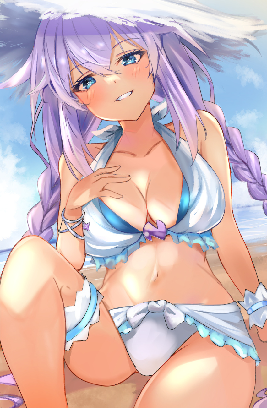 1girl absurdres beach bikini bimmy blue_eyes braid breasts hair_ornament highres large_breasts long_hair looking_at_viewer neptune_(series) outdoors power_symbol power_symbol-shaped_pupils purple_bikini purple_hair purple_heart sitting smile solo swimsuit symbol-shaped_pupils twin_braids very_long_hair water