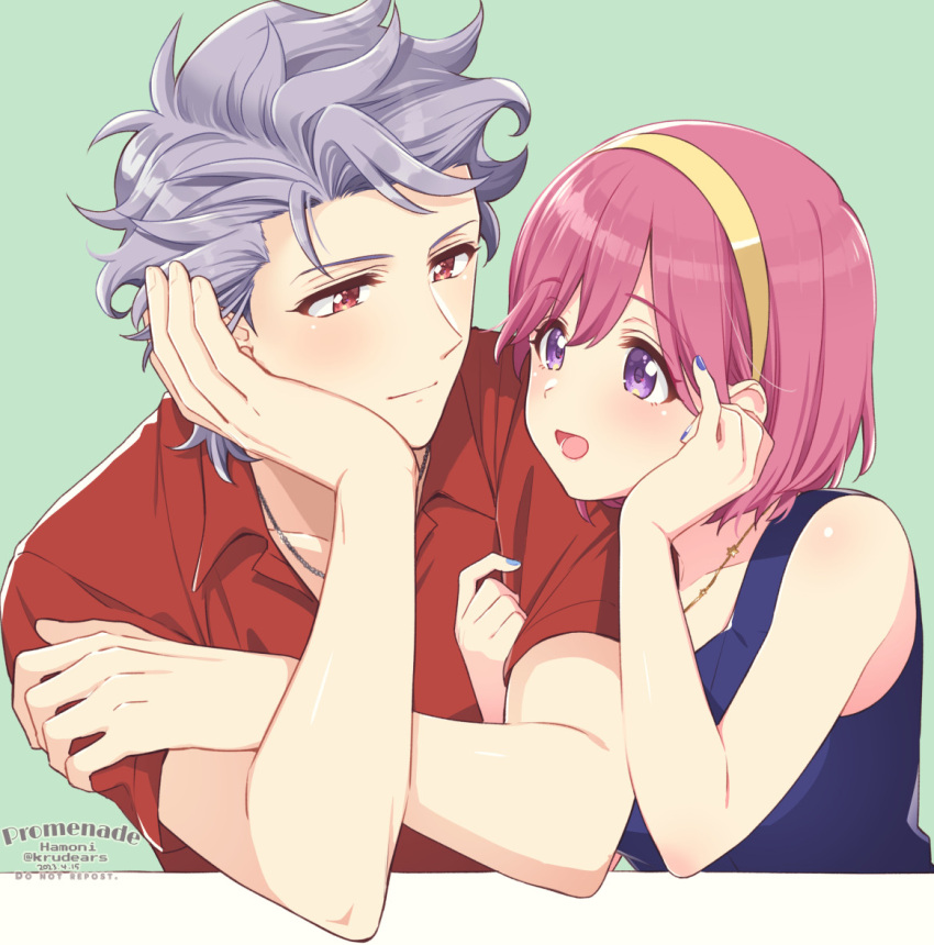 1boy 1girl artist_name bare_shoulders blue_nails blue_shirt blush bob_cut closed_mouth collared_shirt couple crossed_arms dated green_background grey_hair hair_between_eyes hairband hand_in_own_hair head_on_hand hetero holding_another's_arm jewelry krudears looking_at_another nail_polish necklace open_mouth pink_hair protagonist_(tokimemo_gs3) purple_eyes red_eyes red_shirt shirt shitara_seiji short_hair short_sleeves sleeveless sleeveless_shirt smile tokimeki_memorial tokimeki_memorial_girl's_side_3rd_story twitter_username upper_body yellow_hairband