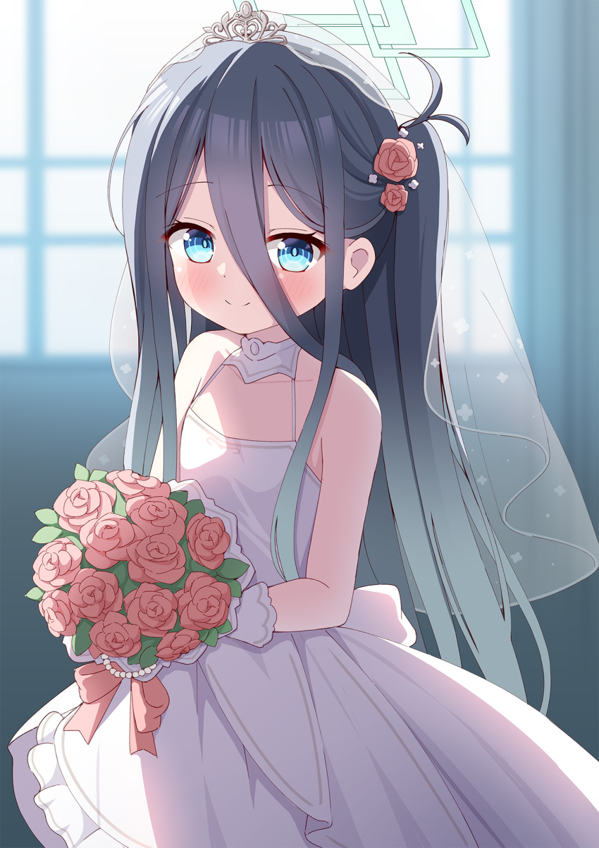 1girl absurdly_long_hair aris_(blue_archive) azel_(laevateinn495) black_hair blue_archive blue_eyes blush bouquet closed_mouth dress flat_chest flower gloves green_halo hair_flower hair_ornament halo highres holding holding_bouquet index_finger_raised long_hair looking_at_viewer pink_flower ringed_eyes smile solo very_long_hair wedding_dress white_dress white_gloves