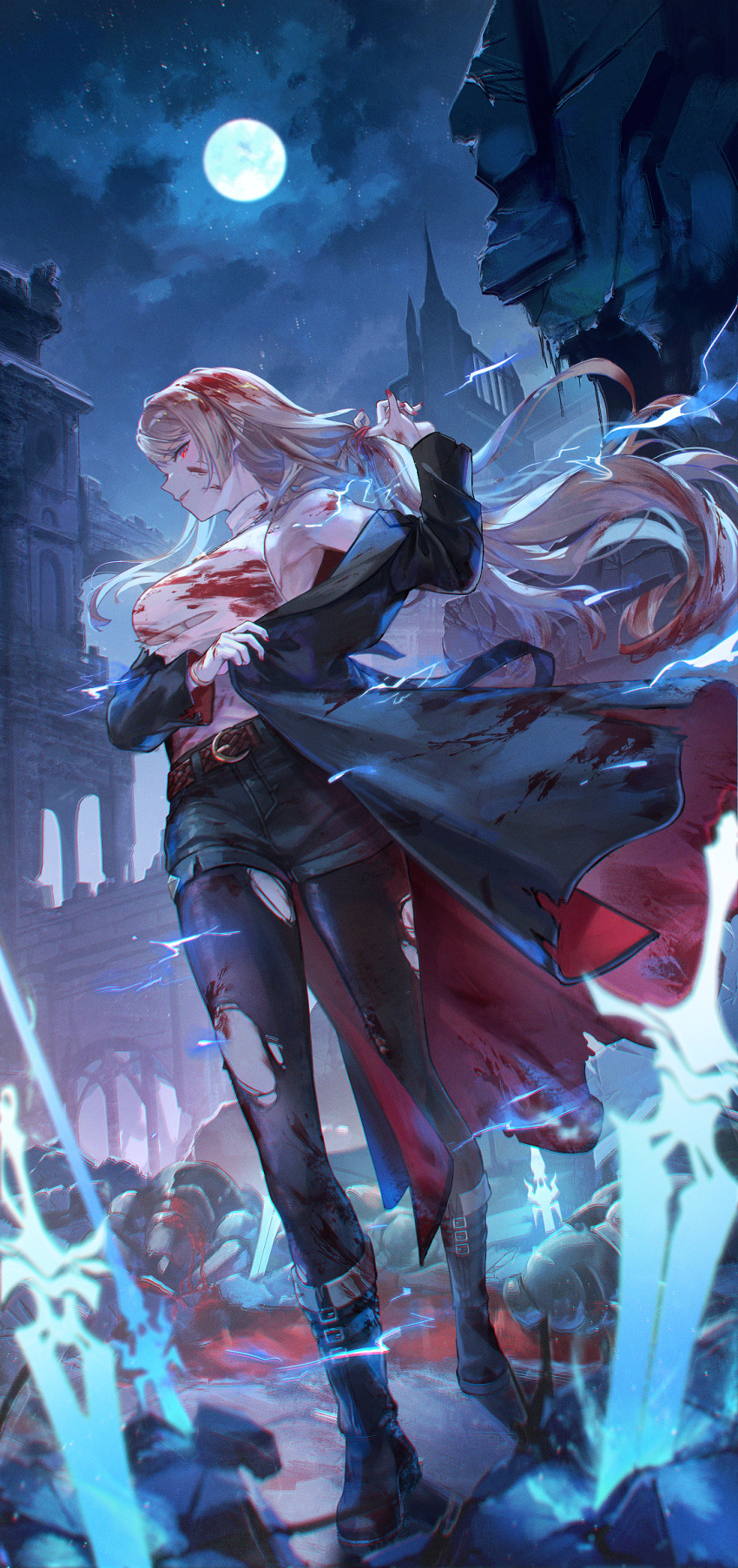 1girl after_battle armor armpits black_coat blonde_hair blood blood_in_hair blood_on_clothes blood_on_face boots breasts clothes_grab cloud coat commission dagger denim electricity fantasy full_body hand_up highres jeans knife kyusoukyu long_hair looking_at_viewer medium_breasts moon moonlight nail_polish night original outdoors pants parted_lips pool_of_blood profile red_eyes ruins shirt skeb_commission sleeveless sleeveless_shirt standing sword torn_clothes torn_jeans torn_pants weapon white_shirt