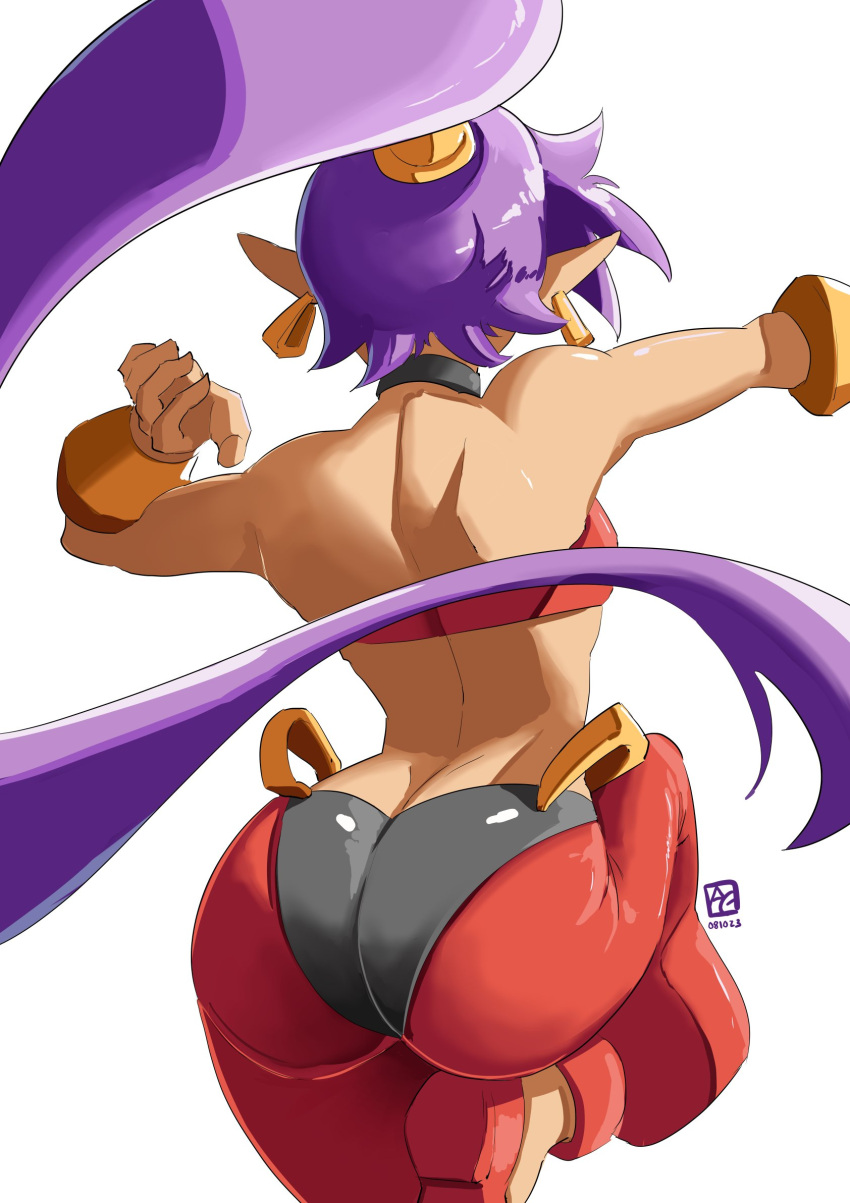 1girl arabian_clothes arms_up artist_logo ass automatic_giraffe back bandeau bracer cowboy_shot dated earrings facing_away from_behind harem_pants high_ponytail highres jewelry leg_up long_hair median_furrow pants pointy_ears purple_hair shantae shantae_(series) shoes sitting skin_tight solo strapless tan very_long_hair white_background