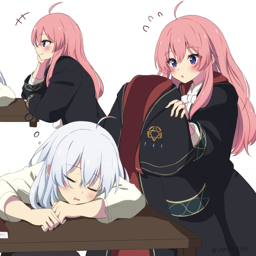 2girls ahoge black_robe blush cloak commentary_request elaina_(majo_no_tabitabi) flying_sweatdrops hair_between_eyes head_rest highres holding_cloak hood hood_down hooded_cloak houki_(majo_no_tabitabi) leaning_on_table long_hair long_sleeves majo_no_tabitabi multiple_girls multiple_views oyu_yu_(pixiv_94462206) pink_hair purple_eyes robe shirt sidelocks simple_background sleeping straight_hair table white_background white_hair white_shirt