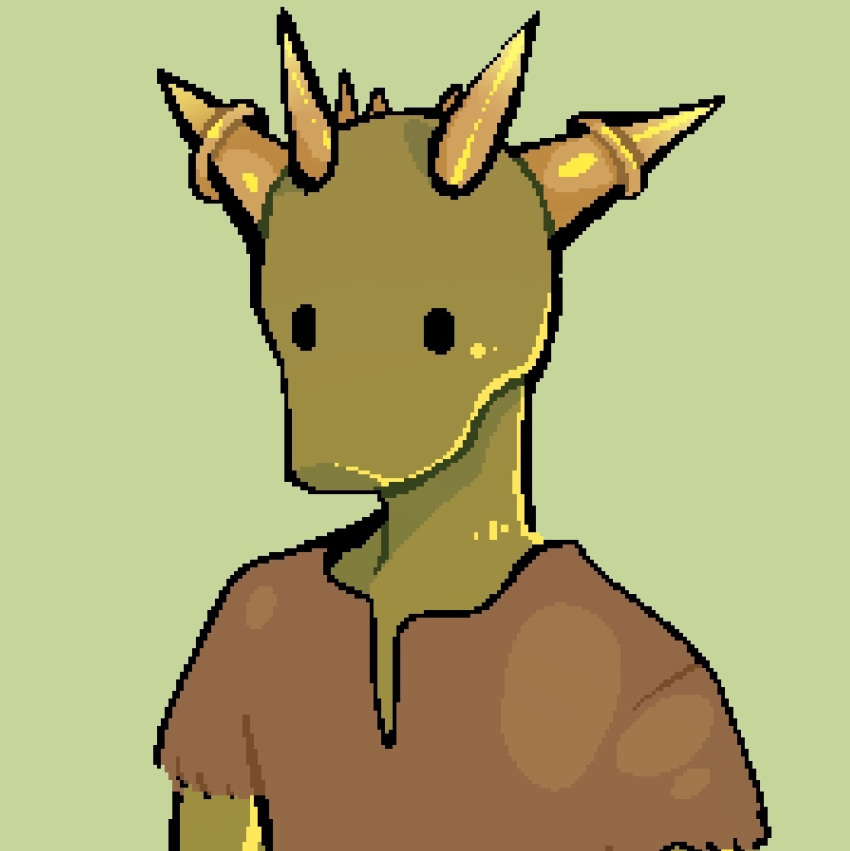 2019 anthro argonian astraldemise bethesda_softworks black_eyes brown_clothing brown_shirt brown_topwear clothing dot_eyes front_view green_background green_body green_scales horn male multi_horn scales scalie shirt simple_background solo the_elder_scrolls topwear yellow_horn