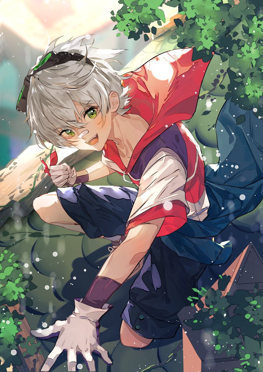 1boy absurdres bandaid bandaid_on_face bandaid_on_nose bennett_(genshin_impact) bennett_(keep)_(genshin_impact) clenched_hand clothes_around_waist genshin_impact gloves goggles goggles_on_head green_eyes grey_hair hair_between_eyes highres looking_at_viewer male_focus official_alternate_costume open_mouth outdoors short_sleeves shorts solo white_gloves zishengtian123