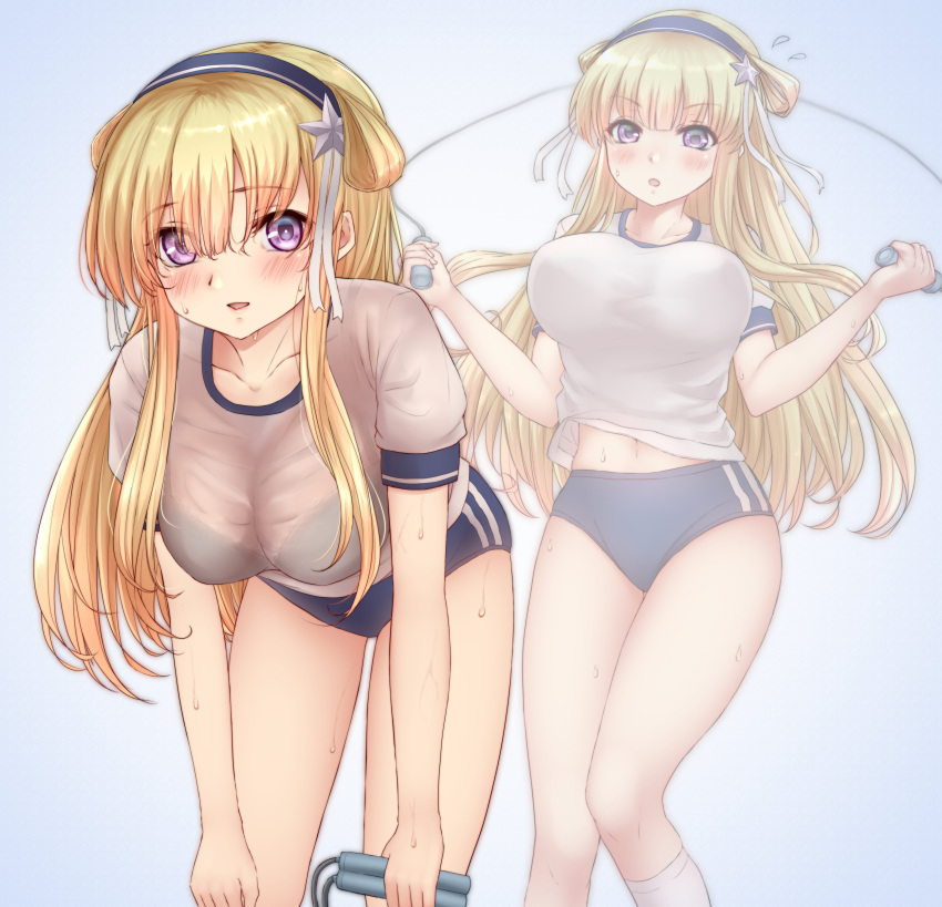 1girl absurdres alternate_costume black_bra blonde_hair blue_buruma bra bra_visible_through_clothes breasts buruma cleavage double_bun fletcher_(kancolle) gym_shirt gym_uniform hair_bun hair_ornament hairband highres jump_rope kantai_collection large_breasts long_hair looking_at_viewer nuka_(nvkka) purple_eyes see-through shirt smile solo star_(symbol) star_hair_ornament sweat underwear wet wet_clothes wet_shirt