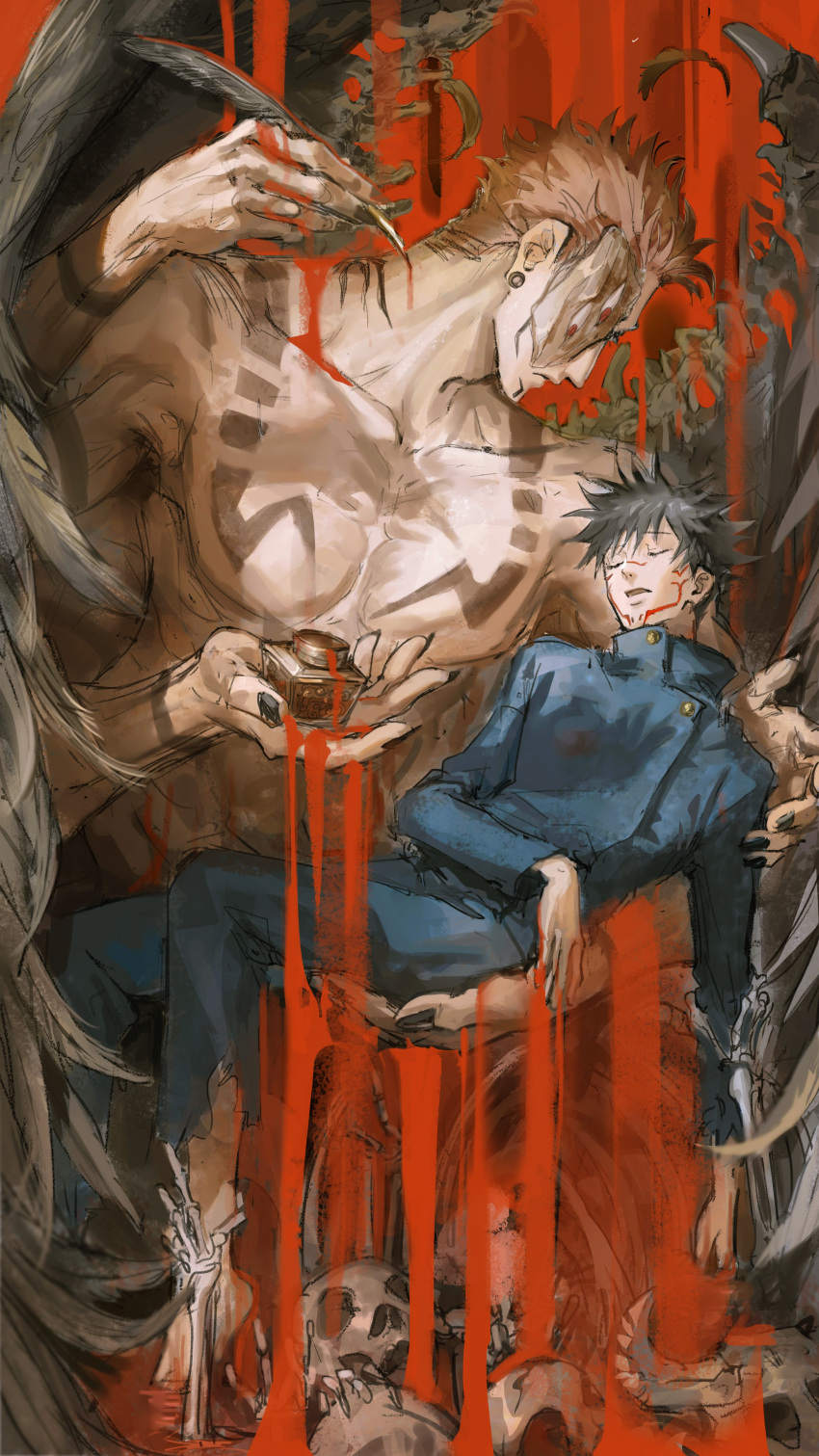 2boys abs absurdres animal_skull arm_tattoo barefoot black_hair black_nails blood blood_on_hands blood_spray bone chest_tattoo closed_eyes commentary_request extra_arms extra_eyes facial_tattoo feathered_wings feathers fushiguro_megumi height_difference highres holding holding_feather jacket jujutsu_kaisen lifting_person long_sleeves looking_at_another male_focus multiple_boys muscular muscular_male neck_tattoo open_mouth pants pectorals pile pink_hair pool_of_blood red_eyes ryoumen_sukuna_(jujutsu_kaisen) school_uniform short_hair sitting size_difference skeleton skull tattoo torn_clothes torn_pants unconscious wings woshihedawei yaoi