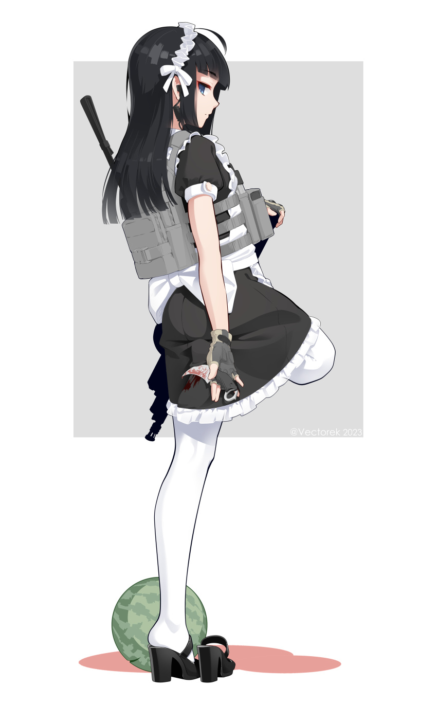 1girl absurdres ahoge apron black_dress black_footwear black_gloves blue_eyes blunt_bangs closed_mouth dagger dress earpiece fingerless_gloves food from_behind fruit full_body gloves grey_background high_heels highres holding holding_dagger holding_knife holding_weapon knife leg_up looking_back maid maid_headdress original pantyhose shoes short_sleeves single_shoe solo standing standing_on_one_leg tactical_clothes two-tone_background vectorek watermelon weapon white_apron white_background white_pantyhose