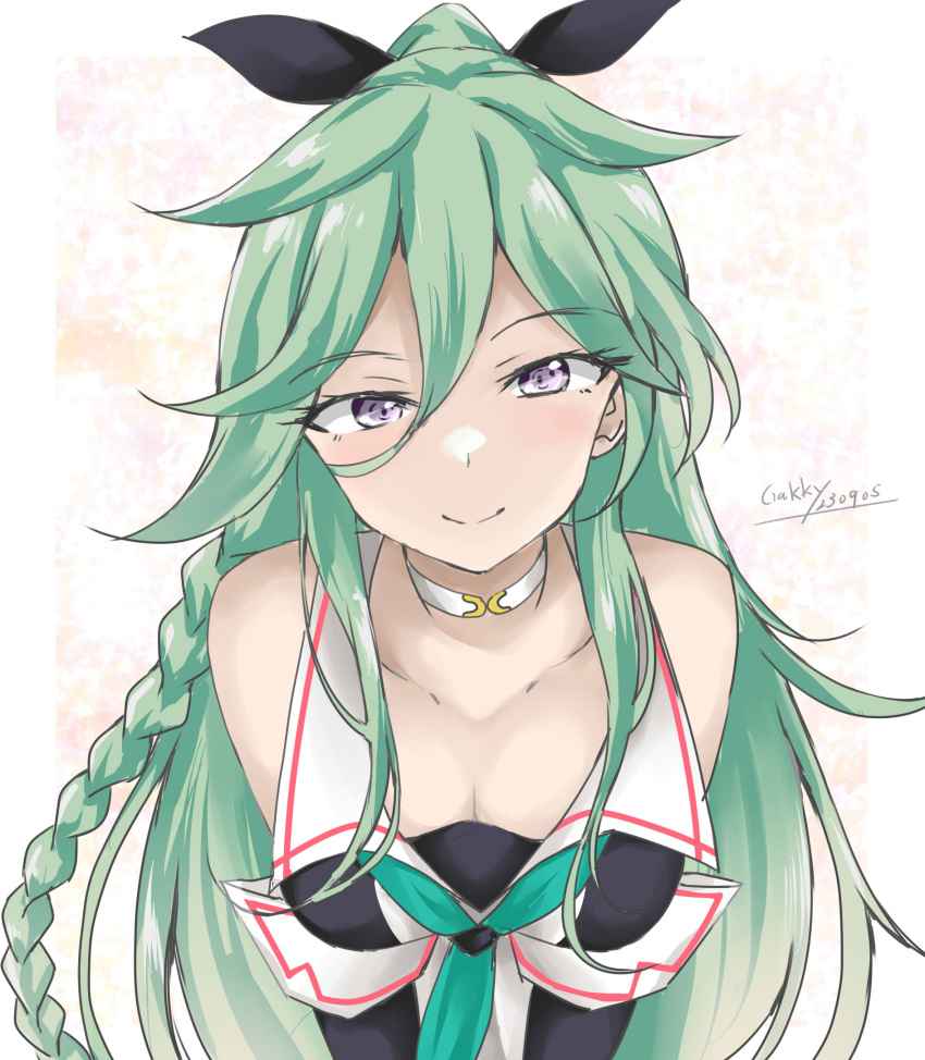 1girl artist_name black_gloves black_ribbon black_serafuku braid breasts cleavage dated elbow_gloves gakky gloves green_eyes green_hair green_neckerchief hair_between_eyes hair_flaps hair_ornament hair_ribbon hairclip highres kantai_collection large_breasts long_hair neckerchief ponytail ribbon school_uniform serafuku side_braids signature simple_background twin_braids upper_body white_background yamakaze_(kancolle) yamakaze_kai_ni_(kancolle)