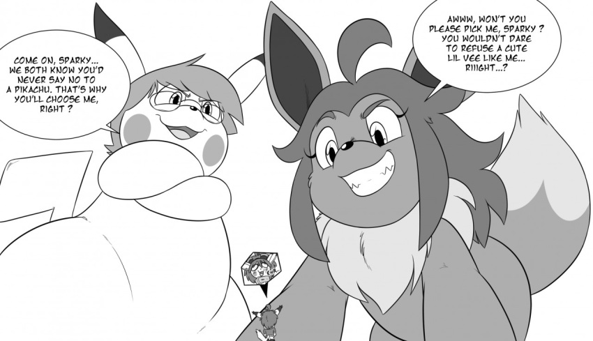 anthro black_and_white clothed clothing collar crossed_arms eevee eeveelution english_text eyewear female feral fur generation_1_pokemon glasses grin group hair looming looming_over low-angle_view macro male mane micro monochrome nintendo open_mouth pikachu pokemon pokemon_(species) size_difference smile sparky_the_chu sparky_the_chu_(character) speech_bubble take_your_pick teeth text trio worm's-eye_view