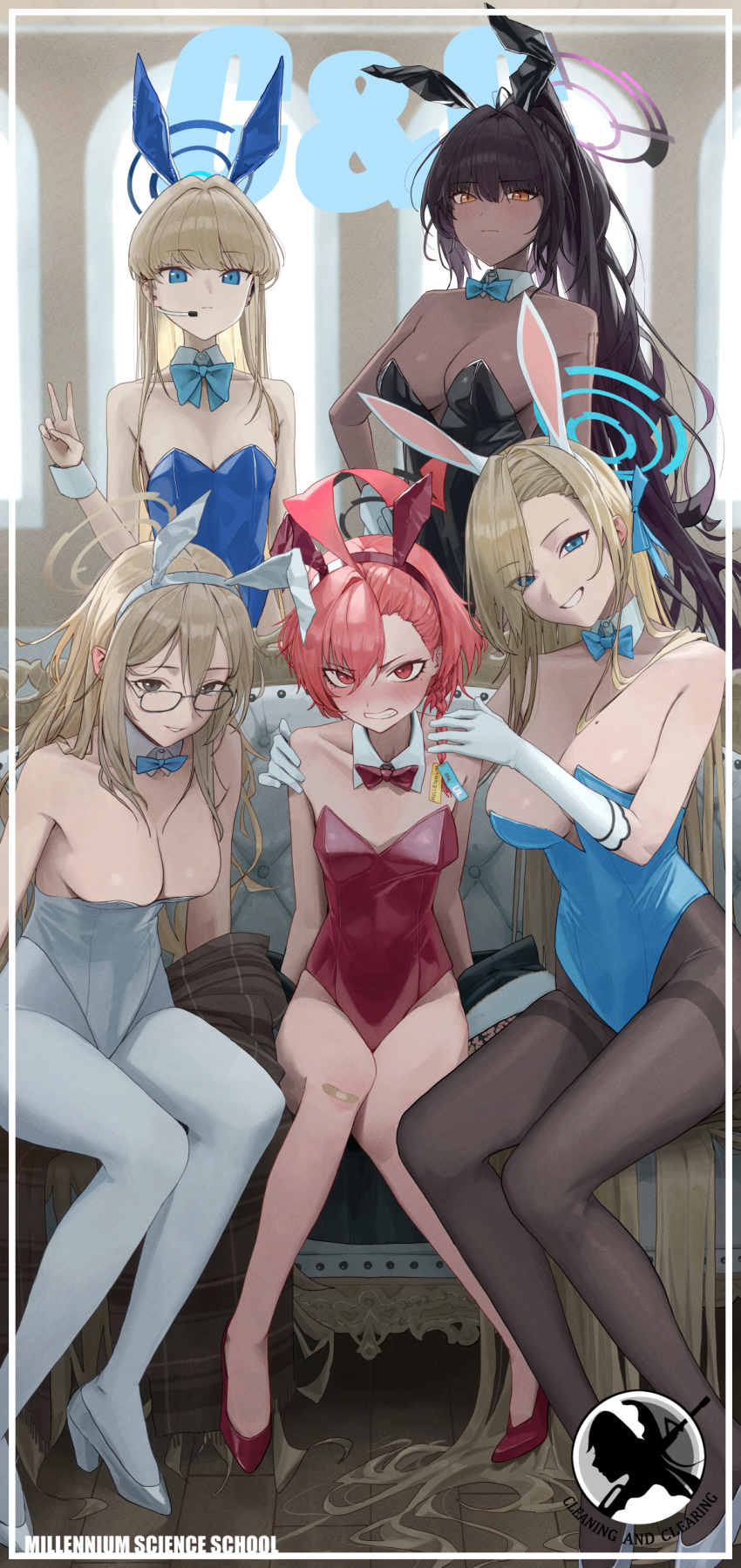 2525_lynn 5girls absurdres ahoge akane_(blue_archive) akane_(bunny)_(blue_archive) animal_ears asuna_(blue_archive) asuna_(bunny)_(blue_archive) bare_legs bare_shoulders black-framed_eyewear black_hair black_halo black_pantyhose blonde_hair blue_archive blue_eyes blue_halo blue_leotard bow bowtie breasts brown_hair cleavage commentary_request dark-skinned_female dark_skin detached_collar fake_animal_ears glasses halo headset highres karin_(blue_archive) karin_(bunny)_(blue_archive) large_breasts leotard long_hair looking_at_viewer mole mole_on_breast multiple_girls neru_(blue_archive) neru_(bunny)_(blue_archive) official_alternate_costume pantyhose playboy_bunny purple_halo rabbit_ears red_bow red_bowtie red_eyes red_footwear red_hair red_leotard shoes short_hair sitting small_breasts smile toki_(blue_archive) toki_(bunny)_(blue_archive) v white_footwear white_leotard white_pantyhose