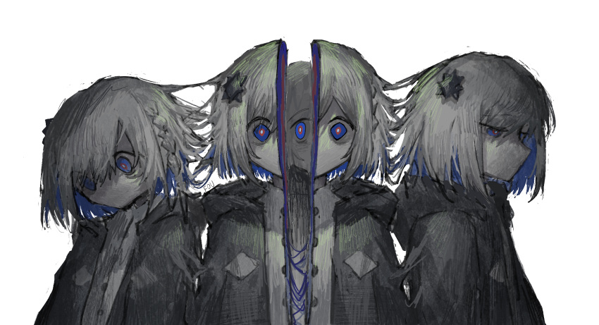 4girls aqua_pupils artist_name bags_under_eyes bisected black_jacket blue_eyes blue_hair braid buttons cevio clone closed_mouth colored_inner_hair commentary_request dress empty_eyes grey_hair hair_ornament half-closed_eyes highres hood hood_down hooded_jacket jacket kamitsubaki_studio looking_at_viewer looking_down multicolored_hair multiple_girls no_mouth open_clothes open_jacket pink_eyes rime_(cevio) short_hair shui_fou side_braid simple_background upper_body watashi_o_kaiketsu_shinaide_(cevio) white_background white_dress wide-eyed