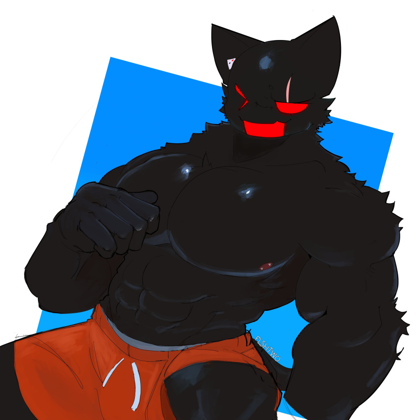 1:1 abs absurd_res anthro black_body black_fur bottomwear clothing epic_games flshtwo fortnite fur hi_res male meowscles_(shadow) muscular muscular_male nipples one_eye_closed pecs red_eyes scar shorts solo wink