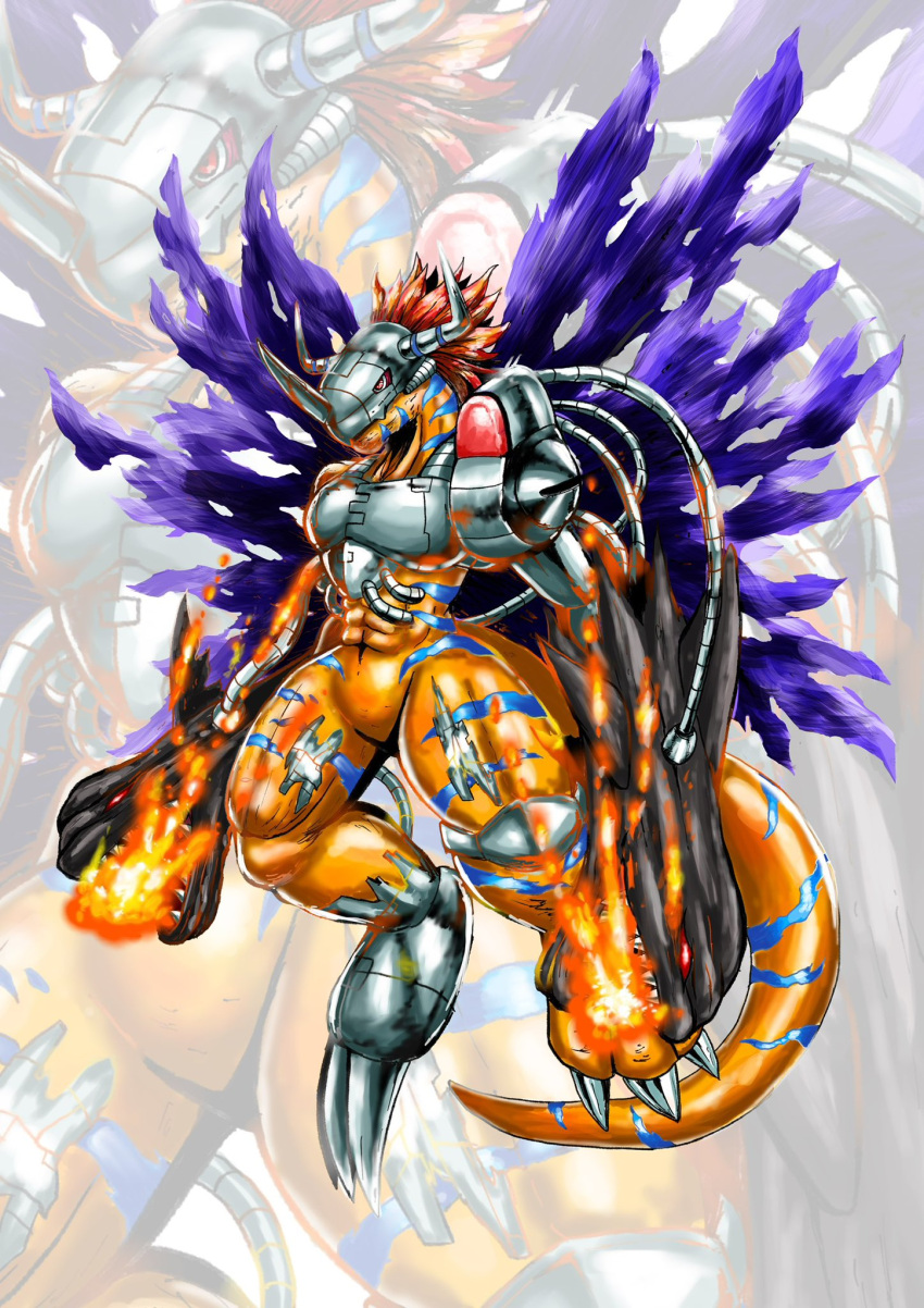 abs arm_cannon claws colored_skin digimon digimon_(creature) fire highres horns looking_at_viewer metalgreymon orange_hair orange_skin sawa_d solo torn_wings weapon wings