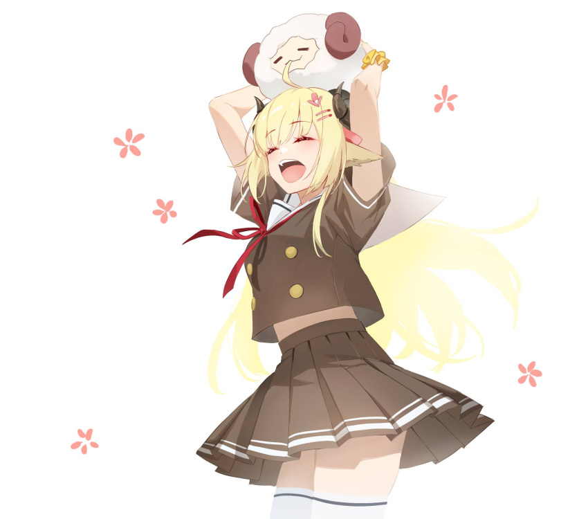 1girl ahoge alternate_costume animal_ears animal_on_head arms_up blonde_hair blush breasts brown_serafuku brown_shirt brown_skirt buttons closed_eyes commentary double-breasted hair_ornament hairclip highres hololive horns long_hair medium_breasts miniskirt neck_ribbon on_head open_mouth ping_(0723) pleated_skirt red_ribbon ribbon sailor_collar school_uniform scrunchie see-through see-through_sleeves serafuku sheep_ears sheep_girl sheep_horns shirt skirt solo thighhighs tsunomaki_watame virtual_youtuber watamate white_sailor_collar white_thighhighs wrist_scrunchie yellow_scrunchie zettai_ryouiki