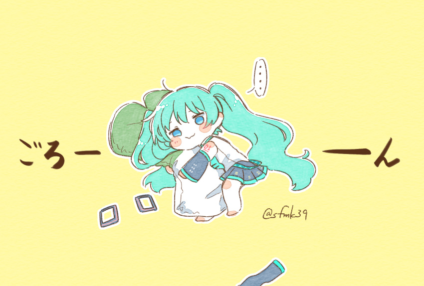 ... 1girl :3 ahoge bare_shoulders barefoot belt black_skirt black_sleeves blue_eyes blue_hair blue_necktie blush_stickers chibi collared_shirt detached_sleeves food-themed_pillow from_above full_body hair_ornament_removed hatsune_miku highres long_bangs long_hair long_sleeves looking_at_viewer loose_belt necktie number_tattoo object_hug pillow pillow_hug pleated_skirt sa-fu_(sfmk39) shirt sidelocks simple_background skirt sleeveless sleeveless_shirt solo spoken_ellipsis spring_onion tattoo thighhighs_removed twintails very_long_hair vocaloid white_shirt yellow_background