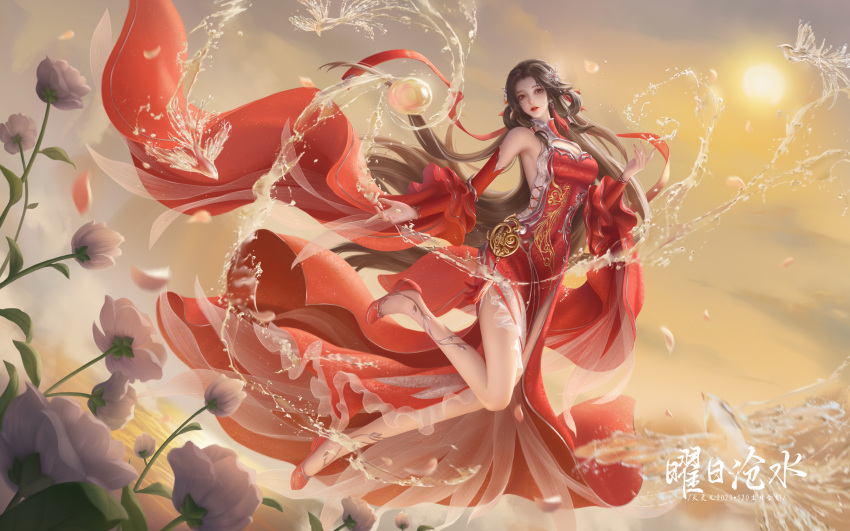 1girl absurdres bad_link brown_hair chest_cutout chinese_clothes cloud cloudy_sky detached_sleeves dress falling_petals flower hair_ornament hair_rings highres huo_linger_(wanmei_shijie) legs_up long_hair looking_at_viewer petals red_dress red_footwear second-party_source sky solo sun two-tone_dress wanmei_shijie water watercraft white_flower zuizhong_bingqi_xia_xin