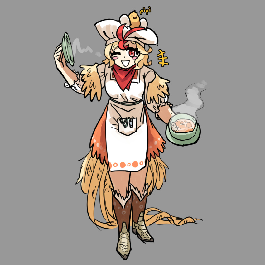 1girl animal_on_head apron bird bird_girl bird_on_head bird_tail blonde_hair boots chef_hat chick cooking cooking_pot dress food full_body grey_background hat highres holding holding_cooking_pot holding_food kaibootsu looking_at_viewer multicolored_hair niwatari_kutaka on_head orange_dress orange_skirt puffy_short_sleeves puffy_sleeves red_eyes red_hair short_hair short_sleeves skirt solo soup tail touhou two-tone_hair white_apron white_headwear