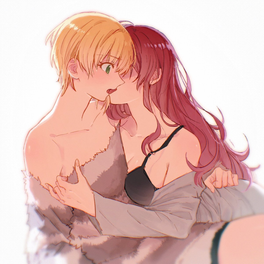 2girls bare_shoulders black_bra blonde_hair bra breasts cleavage clothes_pull collarbone highres ichinose_shiki idolmaster idolmaster_cinderella_girls imminent_kiss looking_at_another medium_breasts miyamoto_frederica multiple_girls off-shoulder_sweater off_shoulder open_clothes open_shirt profile pulled_by_another purple_hair simple_background sweater sweater_pull underwear white_background yumi_xsh yuri