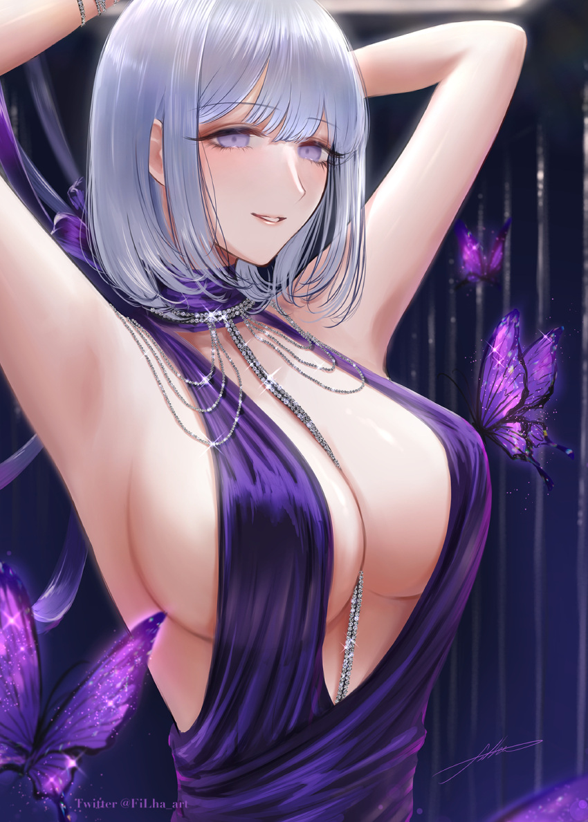 1girl armpits between_breasts blush bracelet breasts bug butterfly dress filha girls'_frontline grey_hair highres jewelry large_breasts looking_at_viewer necklace purple_dress purple_eyes red_lips rpk-16_(girls'_frontline) short_hair sideboob solo twitter_username