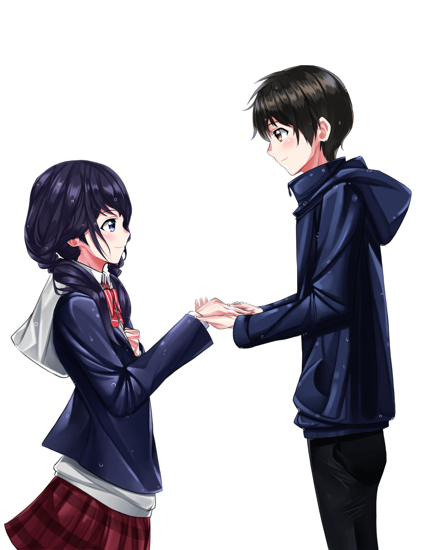 1boy 1girl absurdres amano_hina_(tenki_no_ko) black_hair black_pants blue_eyes blue_jacket bow bowtie closed_mouth clutching_chest commentary couple eye_contact from_side highres hood hoodie jacket lens_flare long_hair long_sleeves looking_at_another low_twintails morishima_hodaka_(tenki_no_ko) pants plaid plaid_skirt pleated_skirt red_bow red_bowtie red_skirt school_uniform short_hair simple_background skirt sora_(men0105) tenki_no_ko twintails white_background white_hoodie