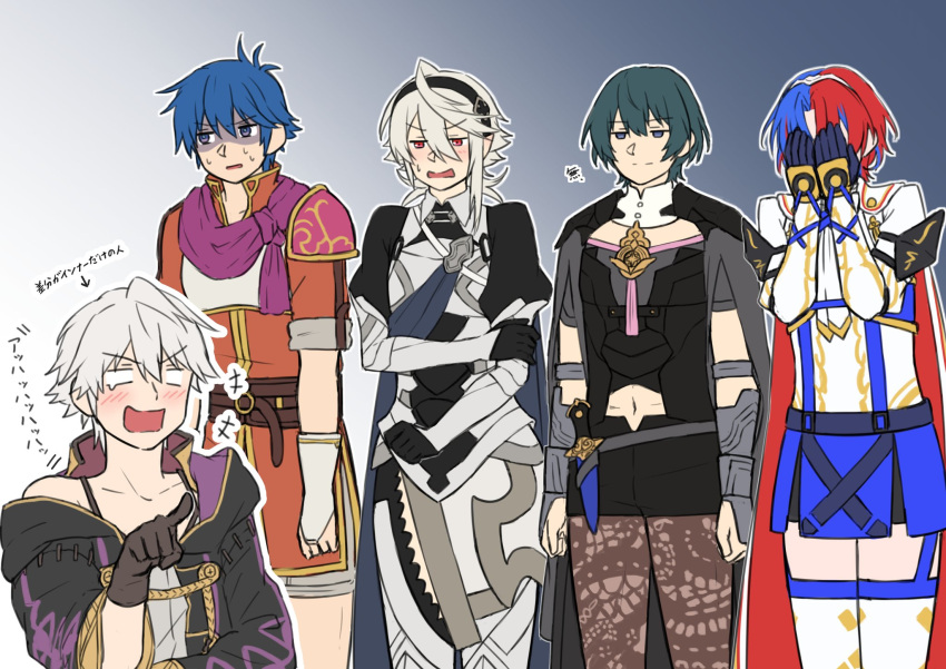 alear_(fire_emblem) alear_(male)_(fire_emblem) asymmetrical_hair black_hairband blue_eyes blue_hair blush byleth_(fire_emblem) byleth_(male)_(fire_emblem) cape clothing_cutout corrin_(fire_emblem) corrin_(male)_(fire_emblem) covering_own_eyes crossdressing fire_emblem fire_emblem:_mystery_of_the_emblem fire_emblem:_three_houses fire_emblem_awakening fire_emblem_engage fire_emblem_fates gloves hairband highres kris_(fire_emblem) kris_(male)_(fire_emblem) long_sleeves multicolored_hair multiple_boys navel open_mouth red_eyes red_hair robin_(fire_emblem) robin_(male)_(fire_emblem) short_hair simple_background skirt sweatdrop tiara two-tone_hair white_hair zuzu_(ywpd8853)