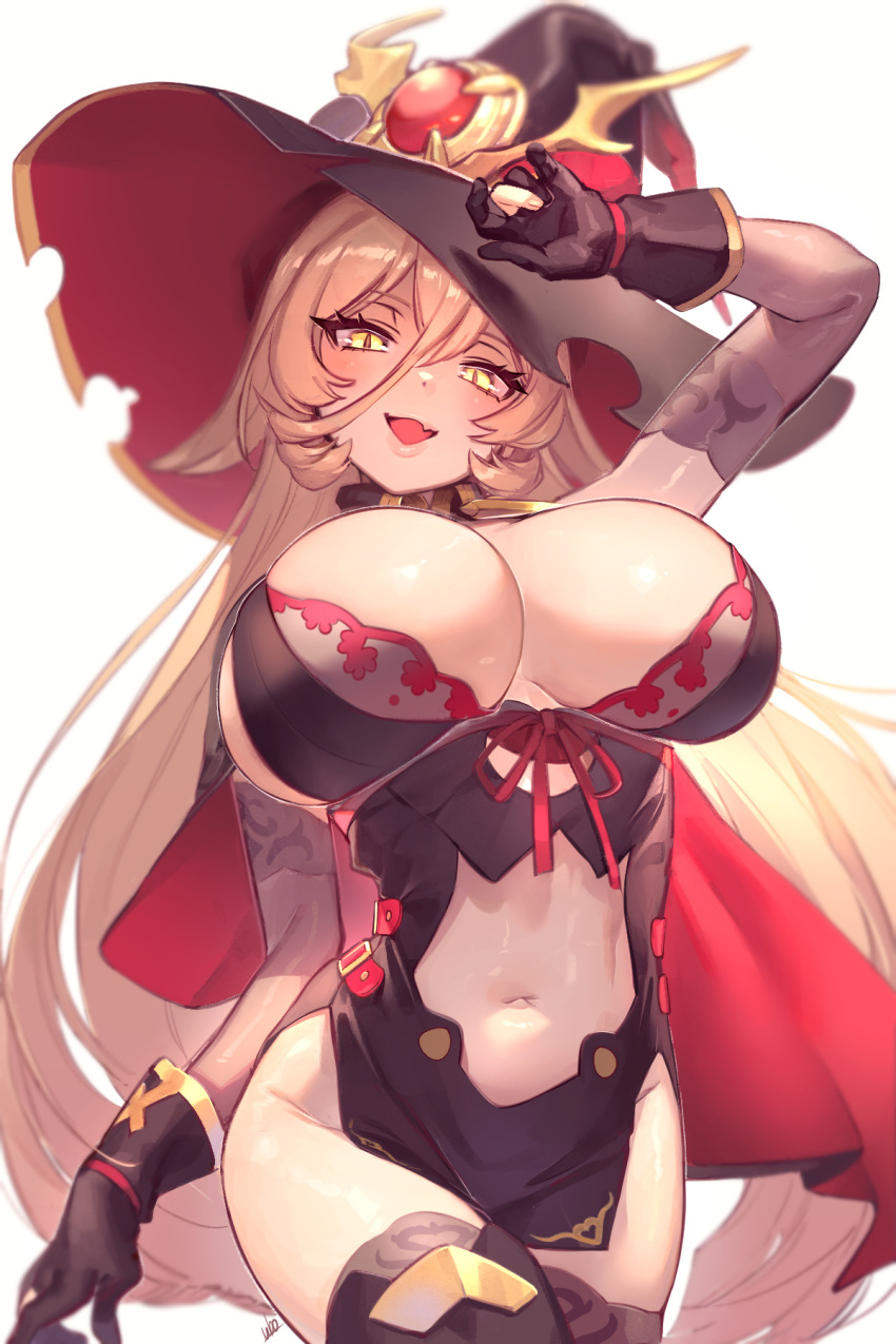 1girl black_gloves black_headwear black_thighhighs blonde_hair blush breasts cleavage clothing_cutout cowboy_shot fang gloves hair_between_eyes hand_up hat highres large_breasts large_hat long_hair looking_at_viewer navel navel_cutout nijisanji nui_sociere open_mouth simple_background skin_fang smile solo thighhighs ubo_(ubo_tales) virtual_youtuber white_background witch_hat yellow_eyes