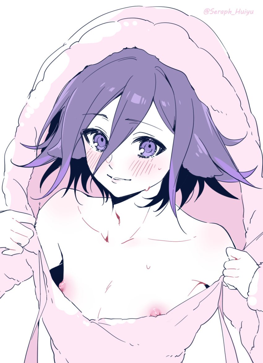 1boy animal_ears artist_name bare_shoulders blush collarbone danganronpa_(series) danganronpa_v3:_killing_harmony ewa_(seraphhuiyu) hair_between_eyes highres hood hood_up long_sleeves male_focus medium_hair multicolored_hair nipples oma_kokichi pink_eyes pink_hair sheep_boy sheep_ears simple_background smile solo sweat two-tone_hair white_background