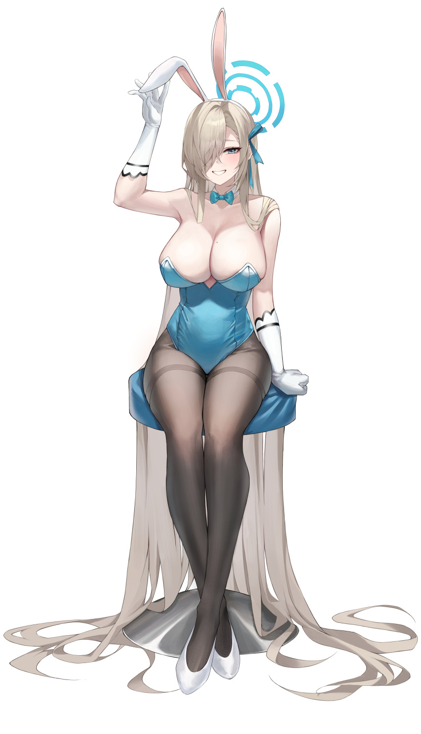 1girl absurdly_long_hair absurdres animal_ears aqua_bow aqua_bowtie aqua_leotard arm_support arm_up armpits asuna_(blue_archive) asuna_(bunny)_(blue_archive) asymmetrical_bangs bare_shoulders black_pantyhose blue_archive blush bow bowtie breasts cleavage collarbone crossed_ankles detached_collar fake_animal_ears full_body gangsoon86 gloves hair_over_one_eye halo highleg highleg_leotard highres incredibly_absurdres large_breasts leotard light_brown_hair long_bangs long_hair looking_at_viewer official_alternate_costume on_stool one_eye_covered pantyhose playboy_bunny rabbit_ears simple_background sitting smile solo straight_hair strapless strapless_leotard thighband_pantyhose very_long_hair white_background white_footwear white_gloves