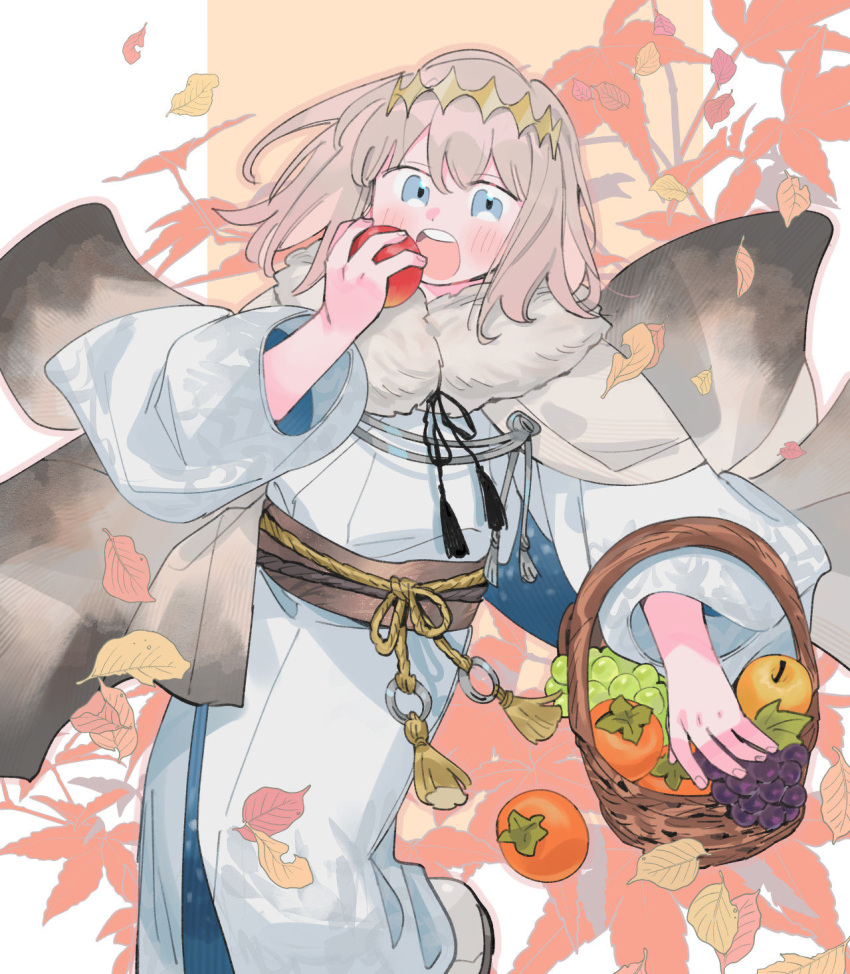 1boy apple autumn autumn_leaves brown_hair commentary diamond-shaped_pupils diamond_(shape) fate/grand_order fate_(series) food fruit fruit_basket golden_apple grapes grey_eyes highres japanese_clothes kimono looking_at_viewer male_focus moth_wings oberon_(fate) oneroom-disco open_mouth orange_(fruit) red_apple short_hair solo symbol-only_commentary symbol-shaped_pupils tassel teeth upper_teeth_only white_kimono wide_sleeves wings