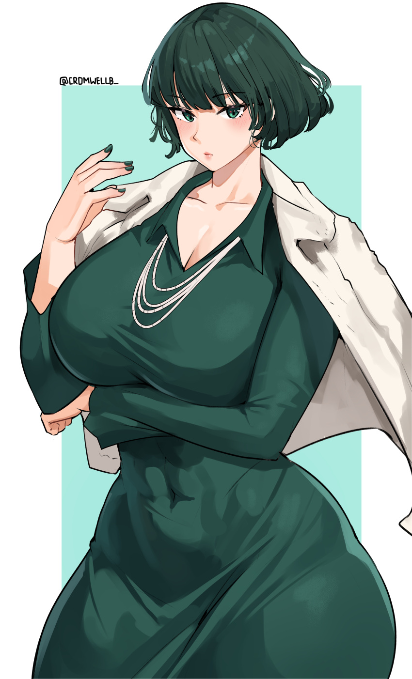 1girl absurdres arm_under_breasts blunt_bangs blush border breasts cleavage closed_mouth coat coat_on_shoulders collarbone collared_dress covered_navel cromwellb curvy dark_green_hair dress elbow_rest fubuki_(one-punch_man) fur_coat green_dress green_eyes hand_up highres jewelry large_breasts light_blue_background looking_at_viewer nail_polish necklace one-punch_man short_hair solo taut_clothes taut_dress twitter_username white_border wide_hips