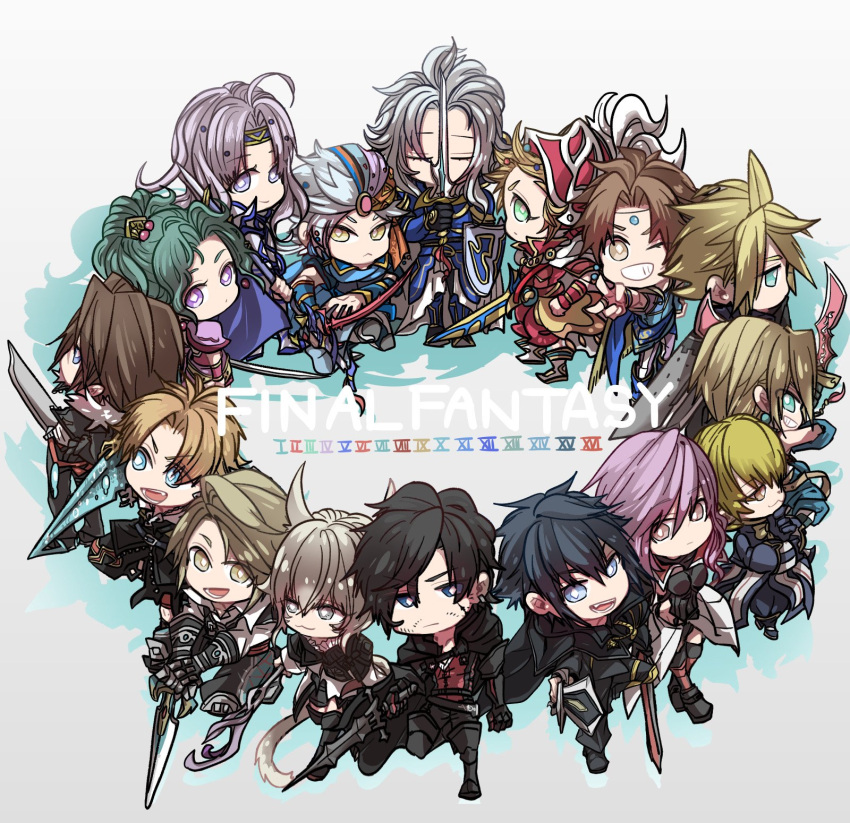 4girls 6+boys animal_ears bartz_klauser black_hair black_jacket blonde_hair blue_eyes brown_eyes brown_hair buster_sword cat_ears cat_tail cecil_harvey chibi clive_rosfield closed_eyes cloud_strife collared_shirt commentary_request copyright_name final_fantasy final_fantasy_i final_fantasy_ii final_fantasy_iii final_fantasy_iv final_fantasy_ix final_fantasy_v final_fantasy_vi final_fantasy_vii final_fantasy_viii final_fantasy_x final_fantasy_xi final_fantasy_xii final_fantasy_xiii final_fantasy_xiv final_fantasy_xv final_fantasy_xvi firion full_body fur-trimmed_jacket fur_trim green_hair grey_eyes grey_hair gunblade helmet high_ponytail highres holding holding_sword holding_weapon jacket lightning_farron long_hair looking_at_viewer medium_hair multiple_boys multiple_girls noctis_lucis_caelum one_eye_closed onion_knight oshibainoticket parted_bangs pink_hair purple_eyes red_armor red_headwear shantotto shirt short_hair spiked_hair squall_leonhart swept_bangs sword tail terra_branford tidus vaan warrior_of_light_(ff1) weapon white_shirt y'shtola_rhul yellow_eyes zidane_tribal