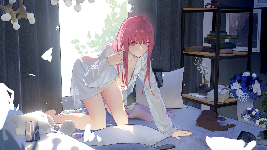1girl absurdres animal animal_ears barefoot bed black_fur blanket blush book breasts cat cat_ears cat_tail cellphone closed_mouth collarbone collared_shirt comet_(user_fjsa4577) curtains day decorations fingernails hair_between_eyes hand_up highres honkai:_star_rail honkai_(series) indoors kafka_(honkai:_star_rail) large_breasts leaf long_hair long_sleeves looking_at_viewer lying nail_polish on_back open_clothes open_shirt pet petals phone picture_(object) pillow pink_hair pink_nails purple_eyes shadow shirt sidelocks sky smartphone smile sunlight tail tree wall white_shirt white_sky wide_sleeves window