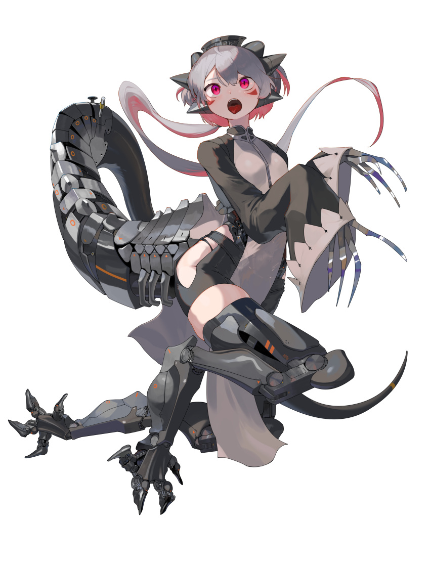 1girl absurdres black_jacket black_shorts facial_mark grey_hair grey_jacket headset highres jacket lizard_tail long_hair mechanical_arms mechanical_legs mechanical_tail multicolored_clothes multicolored_jacket open_mouth original pink_eyes ponytail shorts solo tail tongue tongue_out two-tone_jacket yunimaru