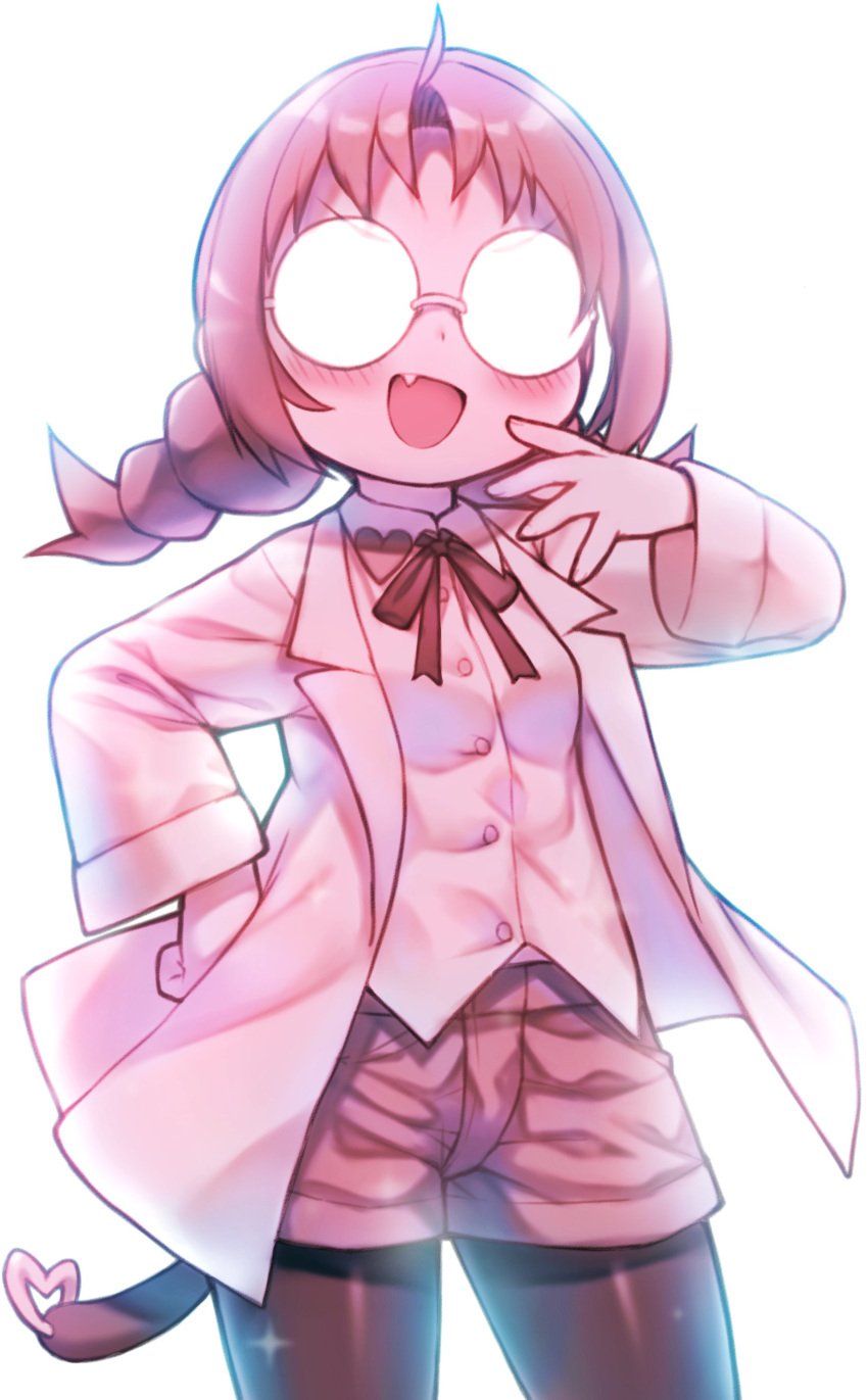 1girl :d absurdres ahoge bachera blush braid breasts brown_pantyhose collared_shirt commentary_request cowboy_shot dress_shirt fang glasses hand_on_own_hip hand_up heart highres labcoat legwear_under_shorts long_hair long_sleeves looking_at_viewer low_twintails neck_ribbon opaque_glasses open_clothes original pantyhose ribbon round_eyewear shirt short_shorts shorts simple_background small_breasts smile solo standing tail twin_braids twintails v-shaped_eyebrows white_background