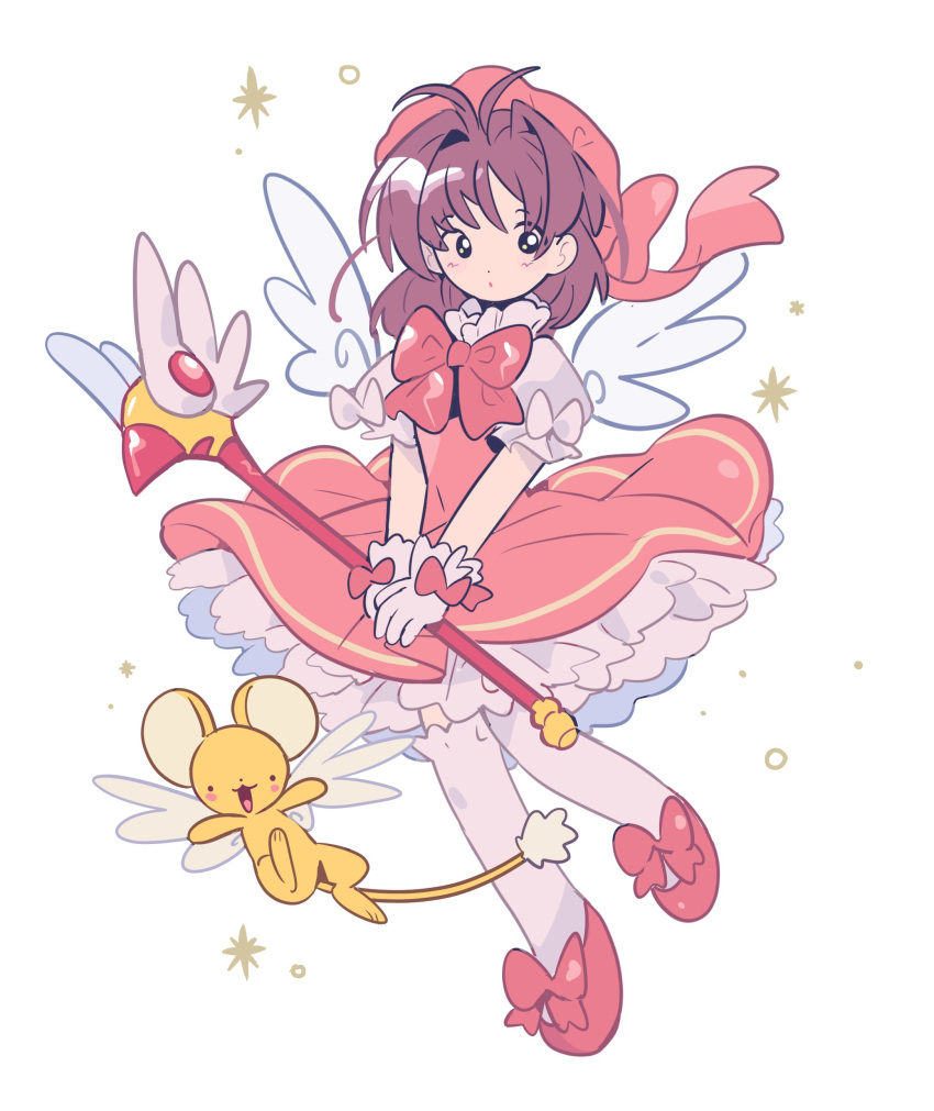 absurdres bow brown_hair cardcaptor_sakura commentary_request dress footwear_bow full_body glove_bow gloves gogeyama highres kero kinomoto_sakura long_hair magical_girl puffy_short_sleeves puffy_sleeves red_bow red_dress red_footwear red_headwear short_sleeves sleeve_bow sparkle thighhighs white_background white_gloves white_thighhighs