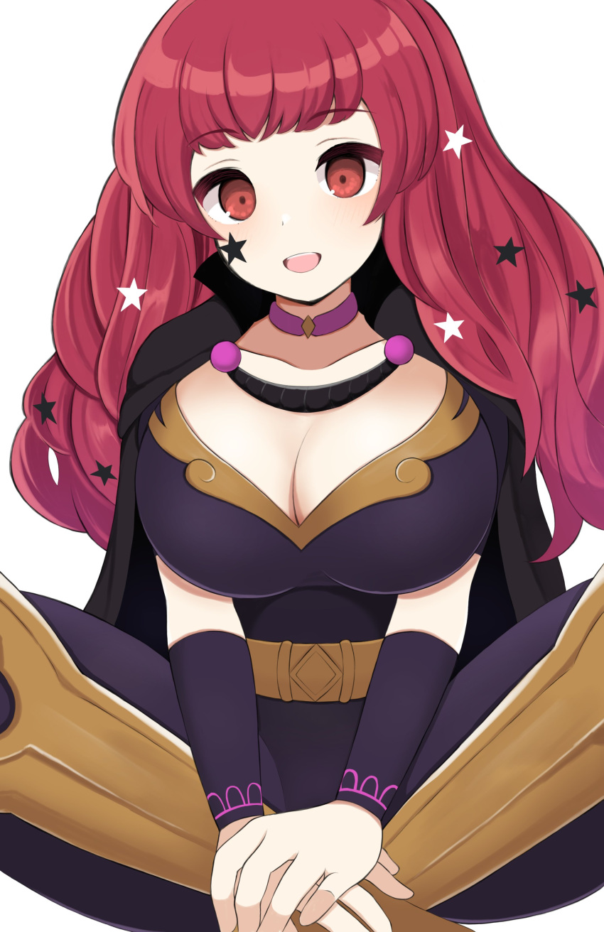 absurdres belt black_cape bodysuit breasts cape chest_strap choker cleavage clothing_cutout crossed_legs facial_mark fire_emblem fire_emblem_engage gold_belt hair_ornament highres kocha_(jgug7553) pink_choker purple_bodysuit red_hair side_cutout sitting star_(symbol) star_facial_mark star_hair_ornament yellow_belt yunaka_(fire_emblem)