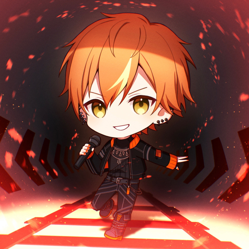 1boy belt blonde_hair burn_my_soul_(project_sekai) commentary ear_piercing earrings fingernails highres holding holding_microphone jacket jewelry long_sleeves looking_at_viewer male_focus microphone necklace official_alternate_costume open_clothes open_jacket orange_hair orange_nails piercing project_sekai shinonome_akito short_hair smile solo standing teneko02 yellow_eyes