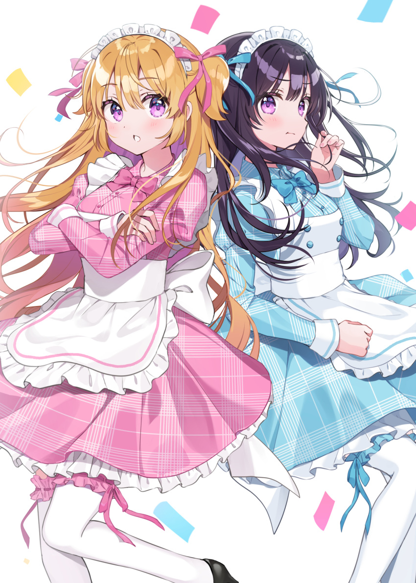 2girls :t absurdres aizawa_hikari aizawa_hinata apron back_bow blue_bow blue_bowtie blue_dress blush bow bowtie crossed_arms dot_nose dress feet_out_of_frame frilled_apron frills hair_between_eyes highres hinata_to_hikari knees_up long_hair looking_at_viewer maid maid_headdress multiple_girls official_art open_mouth orange_hair petticoat plaid plaid_dress pout purple_eyes purple_hair raised_eyebrows sidelocks simple_background teeth thighhighs two_side_up waist_apron white_apron white_background white_bow white_thighhighs yushima