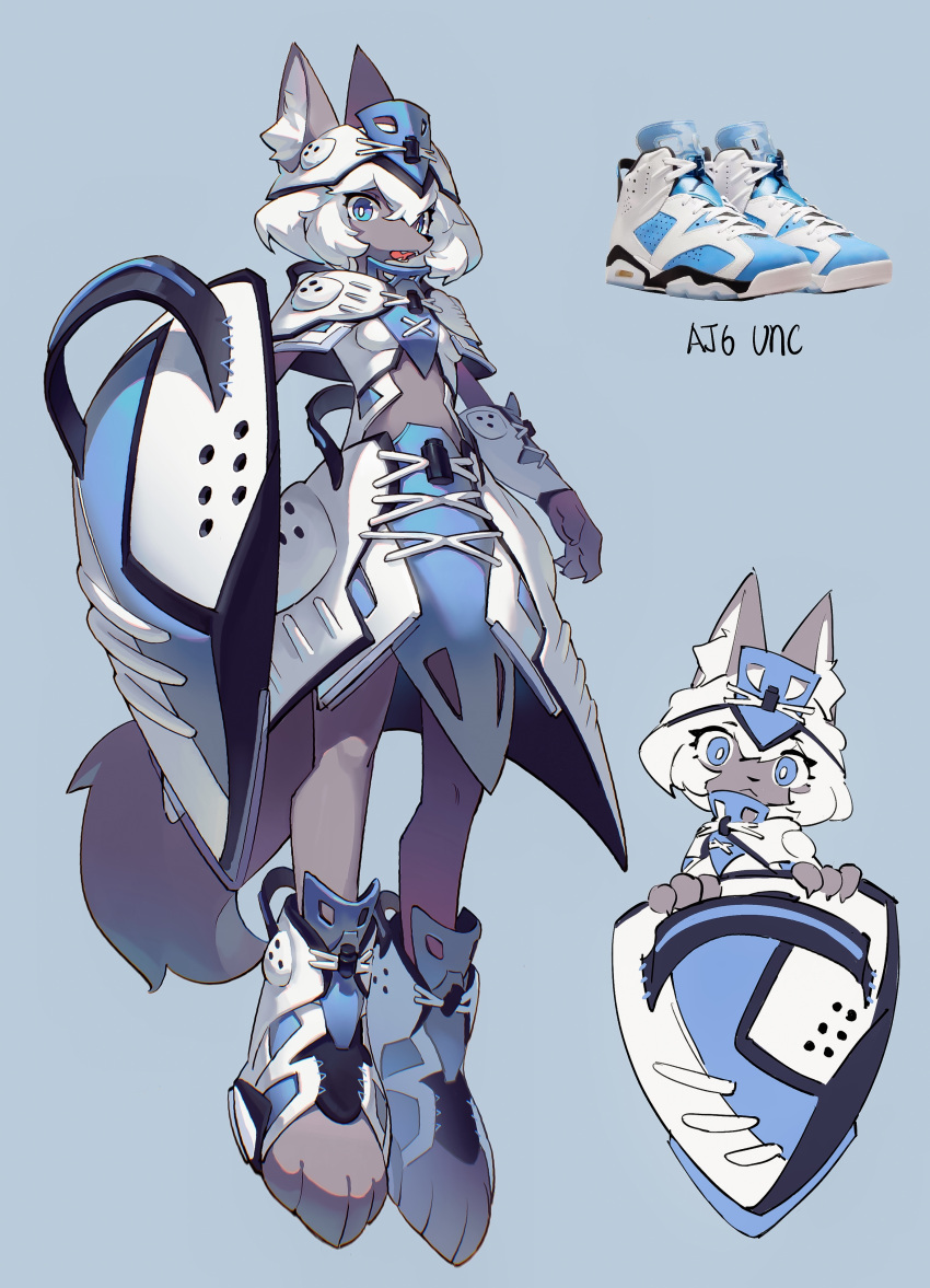 1girl :o absurdres animal_ear_fluff animal_ears armor blue_background blue_eyes body_fur boobplate breastplate bright_pupils brown_fur chibi chibi_inset commentary ears_through_headwear fangs faulds fewer_digits floating fox_ears fox_girl fox_tail from_side full_body furry furry_female helmet highres holding holding_shield looking_at_viewer multiple_views open_mouth original pauldrons personification photo_inset reference_inset shield shiiorina shoes short_hair shoulder_armor simple_background sneakers symbol-only_commentary tail toeless_footwear vambraces white_footwear white_hair white_pupils