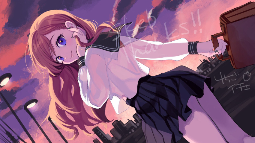 1girl adjusting_hair amezawa_koma black_nails black_skirt blue_eyes brown_hair cloud commission dusk feet_out_of_frame highres lamppost long_hair long_sleeves looking_at_viewer looking_back nail_polish original outdoors pleated_skirt sailor_collar school_briefcase school_uniform serafuku shirt skeb_commission skirt sky smile solo twilight white_shirt