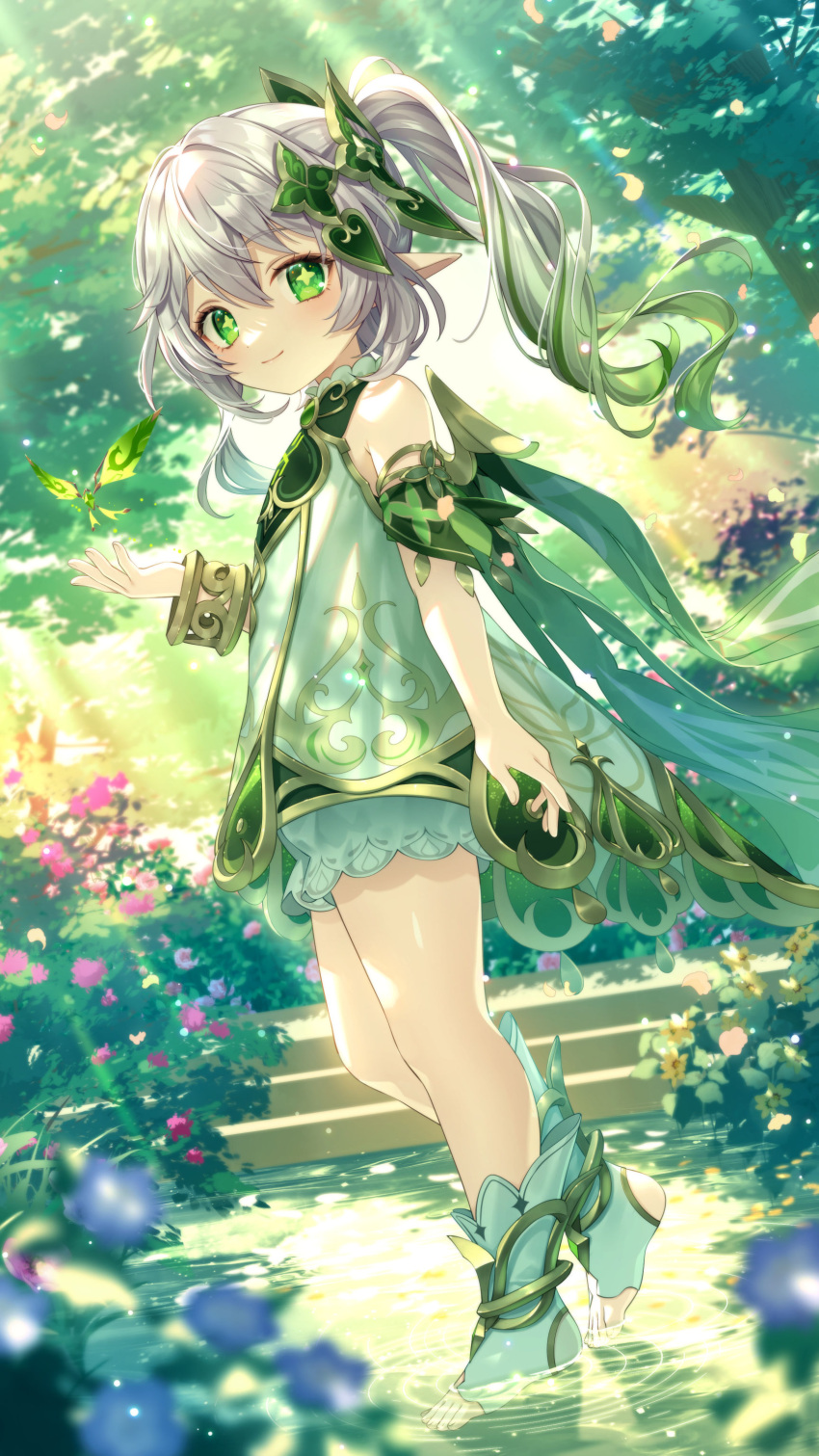 1girl absurdres bloomers bracelet bshi_edayo cape closed_mouth commentary_request cross-shaped_pupils crystalfly_(genshin_impact) detached_sleeves dress duplicate flower genshin_impact gold_trim gradient_hair green_cape green_eyes green_hair green_sleeves hair_ornament hand_up highres jewelry leaf_hair_ornament long_hair looking_at_viewer looking_to_the_side multicolored_hair nahida_(genshin_impact) outdoors pixel-perfect_duplicate pointy_ears side_ponytail sidelocks sleeveless sleeveless_dress smile solo standing standing_on_one_leg stirrup_footwear symbol-shaped_pupils toeless_footwear tree underwear wading water white_bloomers white_dress white_footwear white_hair