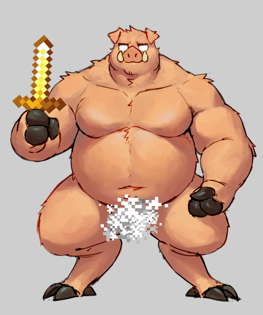 2023 anthro biped convenient_censorship digital_drawing_(artwork) digital_media_(artwork) fur hi_res holding_object holding_sword holding_weapon male mammal melee_weapon microsoft minecraft mojang musclegut navel papyuuno piglin simple_background solo standing suid suina sus_(pig) sword tusks weapon wild_boar xbox_game_studios