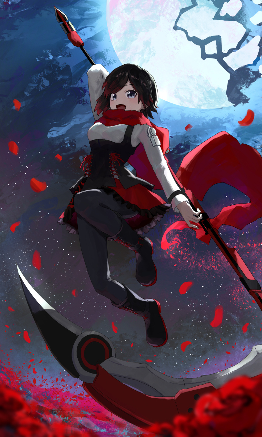 1girl absurdres black_footwear black_hair boots cape crescent_rose falling_petals frilled_skirt frills gradient_hair grey_eyes highres holding holding_scythe holding_weapon jumping knee_up moon multicolored_hair night night_sky open_mouth petals red_cape red_hair rose_petals ruby_rose rwby ryoha_kosako scythe short_hair skirt sky solo star_(sky) starry_sky weapon