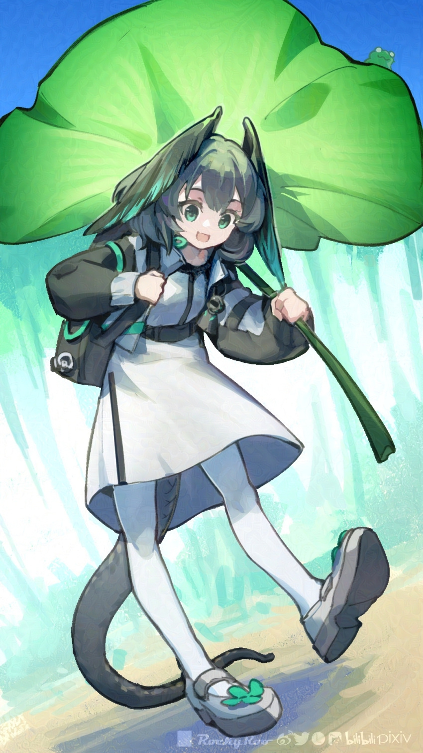 1girl :d animal arknights backpack bag black_jacket black_wings commentary_request day dress feathered_wings frog green_eyes green_wings grey_footwear head_wings highres ho'olheyak_(arknights) holding holding_leaf jacket leaf leaf_umbrella long_sleeves open_clothes open_jacket outdoors pantyhose puffy_long_sleeves puffy_sleeves rockyroo shoe_soles shoes smile solo tail white_dress white_pantyhose wings