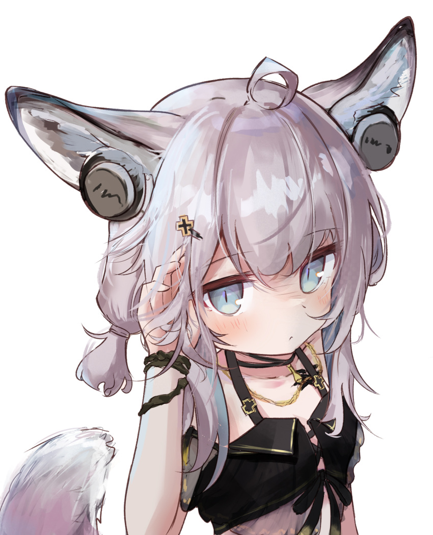 1girl ahoge animal_ear_fluff animal_ears arknights arm_up bikini black_bikini blue_eyes breasts earbuds earphones expressionless fox_ears fox_girl fox_tail grey_hair hair_ornament hairclip hand_in_own_hair headphones_for_animal_ears highres jewelry low_twintails nalphanne necklace short_hair short_twintails small_breasts solo sussurro_(arknights) sussurro_(summer_flower)_(arknights) swimsuit tail twintails upper_body