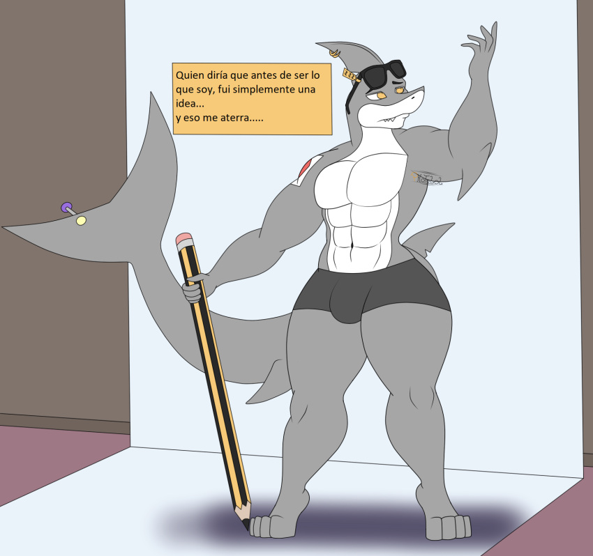 anthro big_butt bulge butt dialogue fish flat_colors great_white_shark hi_res holding_object john_(photolol.03) lamnid lamniform looking_up male marine muscular muscular_anthro muscular_male pencil_(object) photolol.03 pose shark simple_background solo spanish_text tattoo text thick_thighs wide_hips