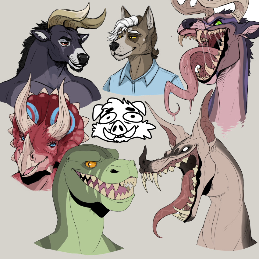 1:1 absurd_res anthro antlers black_sclera bodily_fluids bovid brown_body brown_fur canid closed_smile dinosaur empty_eyes fangs fur glistening glistening_eyes green_eyes hi_res horn imperatorcaesar male mammal mouth_closed open_mouth orange_eyes pink_body reptile saliva saliva_string scalie sharp_teeth sketch_page smile solo tan_antlers tan_body teeth white_eyes