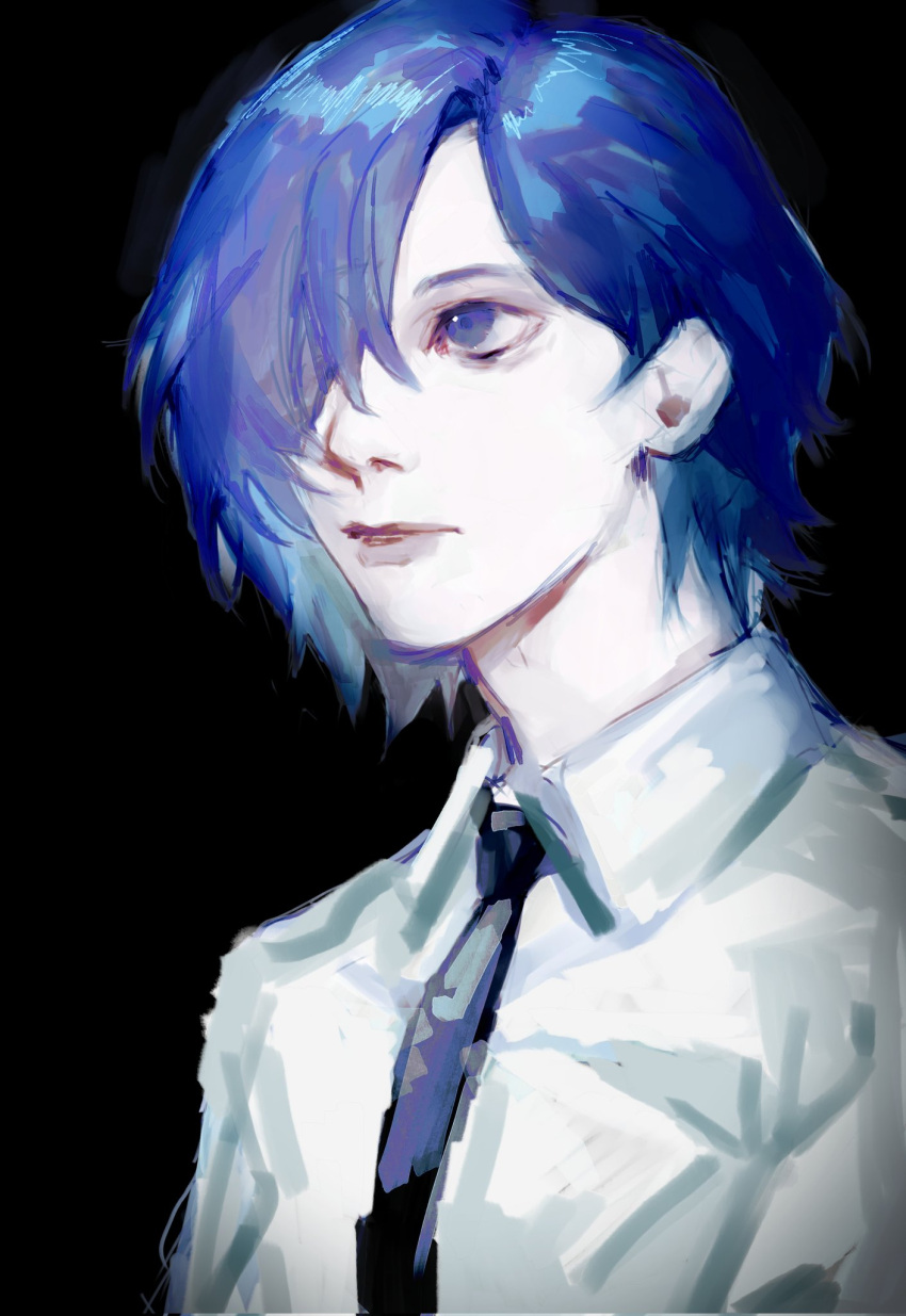 1girl black_background black_necktie blue_eyes blue_hair closed_mouth collared_shirt crurry_(trenos_x) hair_over_one_eye highres kirishima_touka necktie shirt short_hair simple_background solo tokyo_ghoul upper_body white_shirt