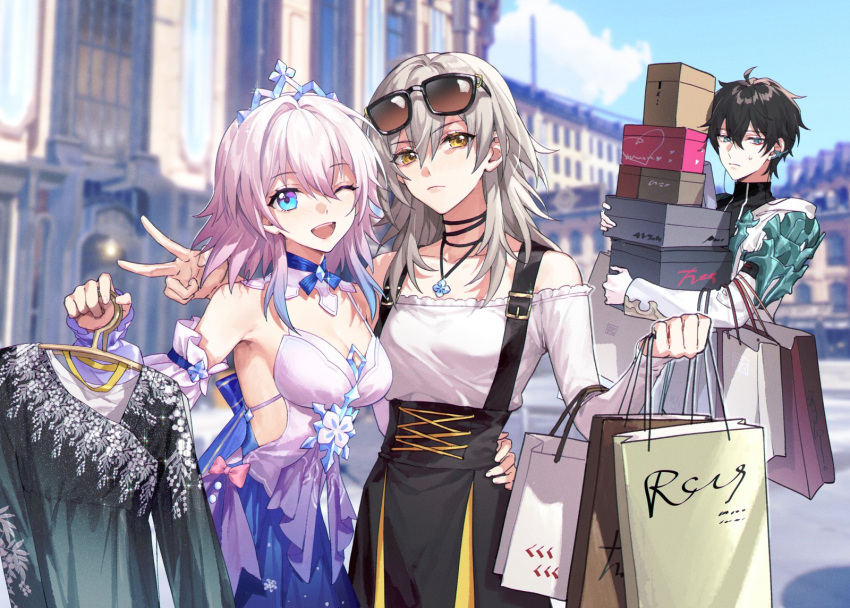 1boy 2girls arm_around_waist bag blurry blurry_background casual clothes_hanger dan_heng_(honkai:_star_rail) dress gradient_hair highres holding_clothes_hanger honkai:_star_rail honkai_(series) jewelry kangetsu_(fhalei) march_7th_(honkai:_star_rail) multicolored_hair multiple_girls necklace official_alternate_costume pink_hair shoe_box shopping_bag smile stelle_(honkai:_star_rail) tiara trailblazer_(honkai:_star_rail) v