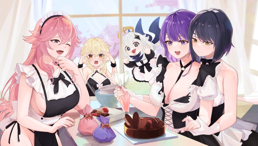 5girls ;d against_window alternate_costume animal_ears apron black_apron black_corset black_eyes black_hair blonde_hair blunt_bangs breasts cake chocolate_cake chocolate_making cleavage collarbone commentary cooking corset criss-cross_halter curtains detached_collar english_commentary fang floating food fox_ears fox_girl genshin_impact groin hair_between_eyes halo halterneck highres himari_(himari_ttc) holding indoors kitchen kujou_sara large_breasts licking long_hair long_sleeves looking_at_another lumine_(genshin_impact) mechanical_halo multiple_girls naked_apron one_eye_closed orange_eyes outdoors paimon_(genshin_impact) pink_hair purple_eyes purple_hair raiden_shogun short_hair short_hair_with_long_locks sideboob sidelocks sleeveless smile valentine white_hair window wristband yae_miko yellow_eyes